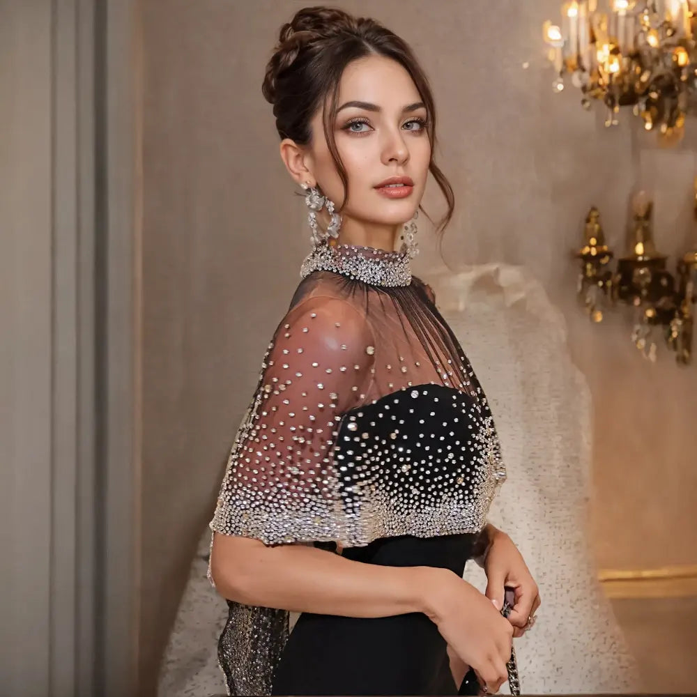 Custom Clothing Manufacturer 2025 Luxury Black Evening Dress Elegant Mermaid Gown with Sparkling Diamond Transparent Cape