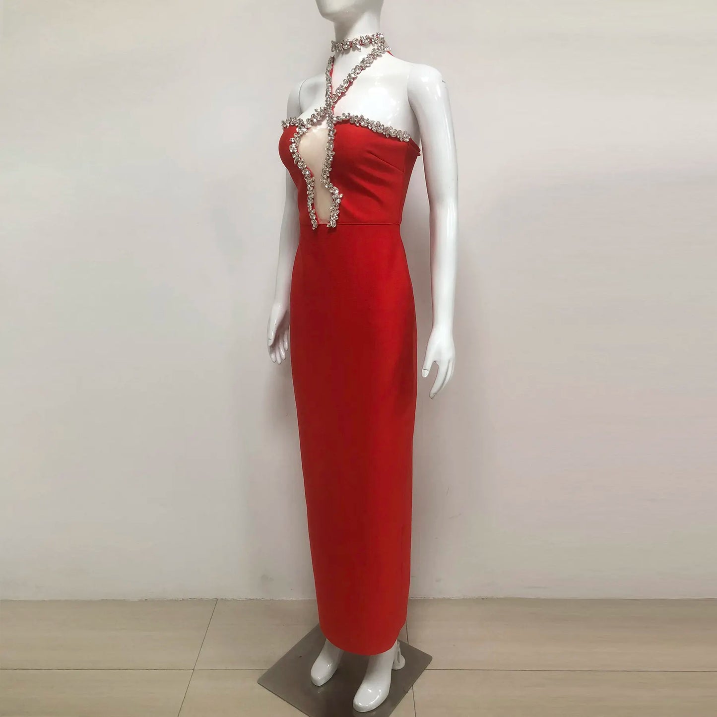Wholesale elegant women dress 2025 luxury quality party evening dress novelty halter neck red bandage women dress