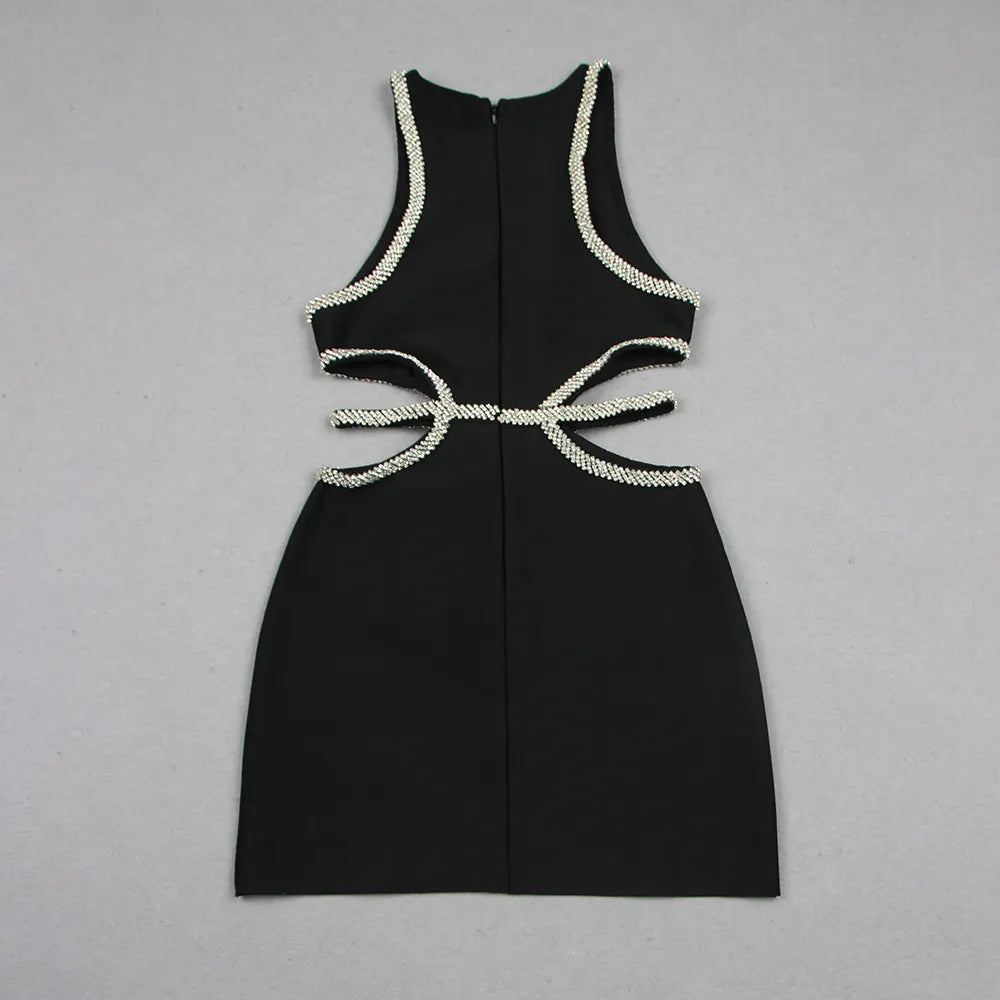 Fashion Sexy Women's Short Party Dress Sleeveless Black Mini Evening Dress Luxury Club Dress Rhinestone Floral