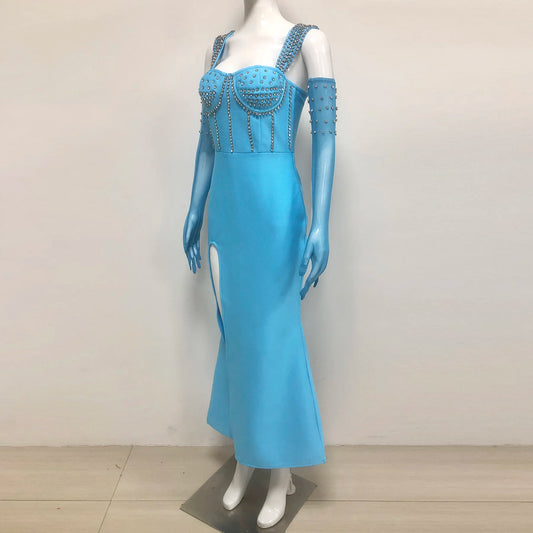 Wholesale Elegant Women Luxury Long Women Beaded Blue Bandage Evening Dress with Gloves Evening Gown