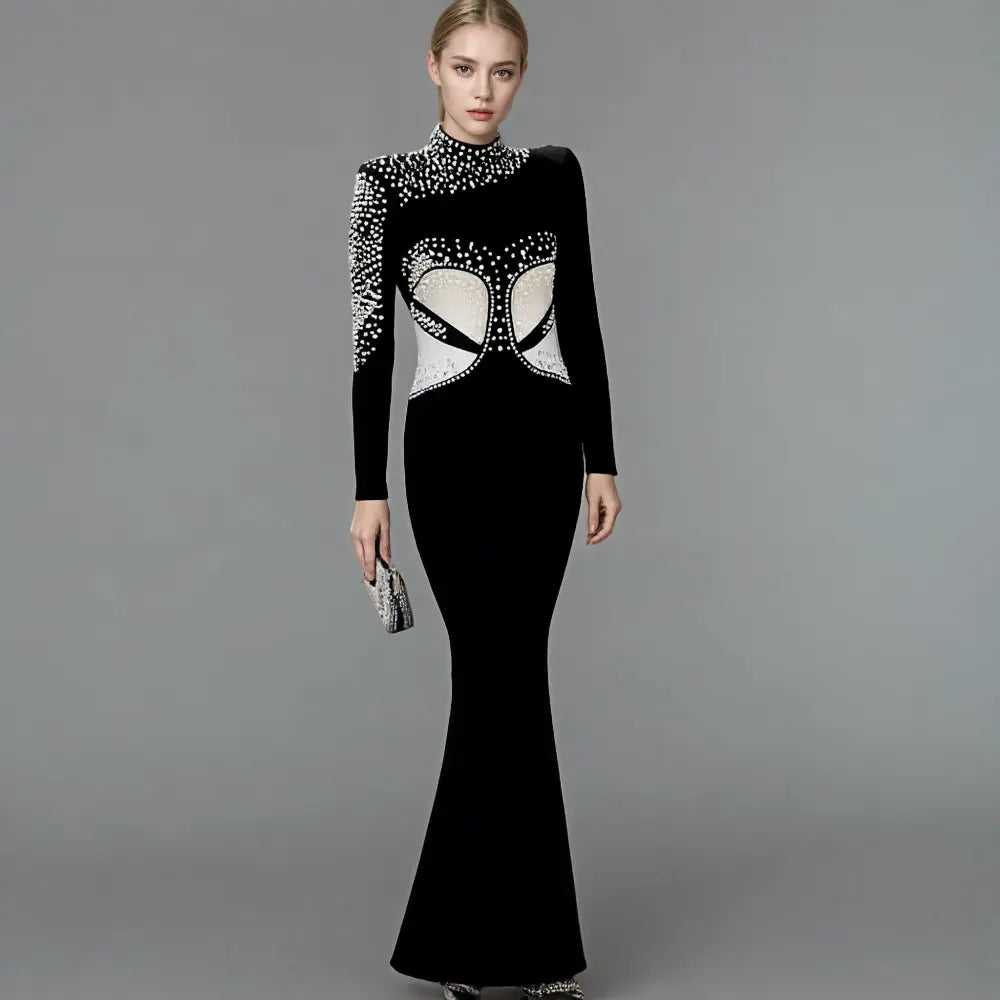 Luxury women designer bandage dress designer women party black dress elegant pearl evening dress