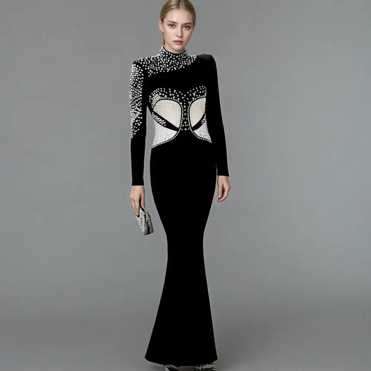 Luxury women designer bandage dress designer women party black dress elegant pearl evening dress