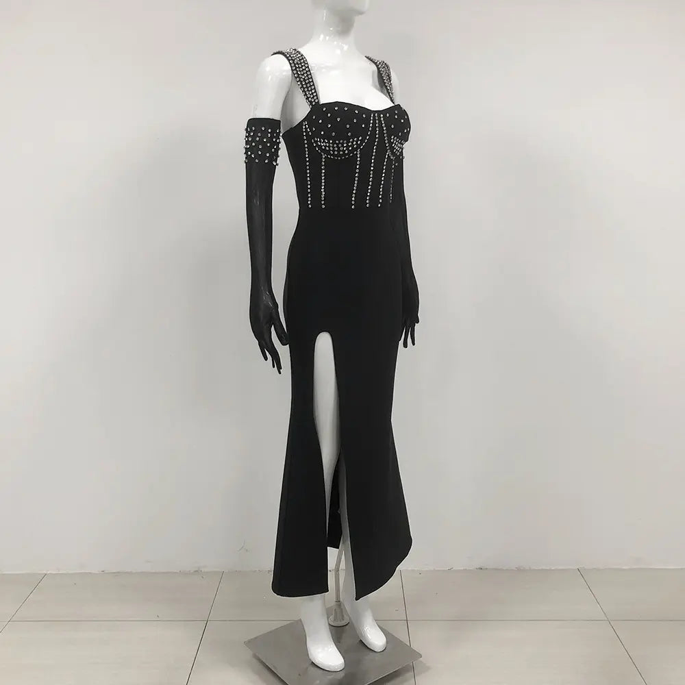 Custom Design Women Rhinestone Birthday Party Wear Black Long Bandage Gown Nightgown Maxi Dress With Gloves Evening Dress