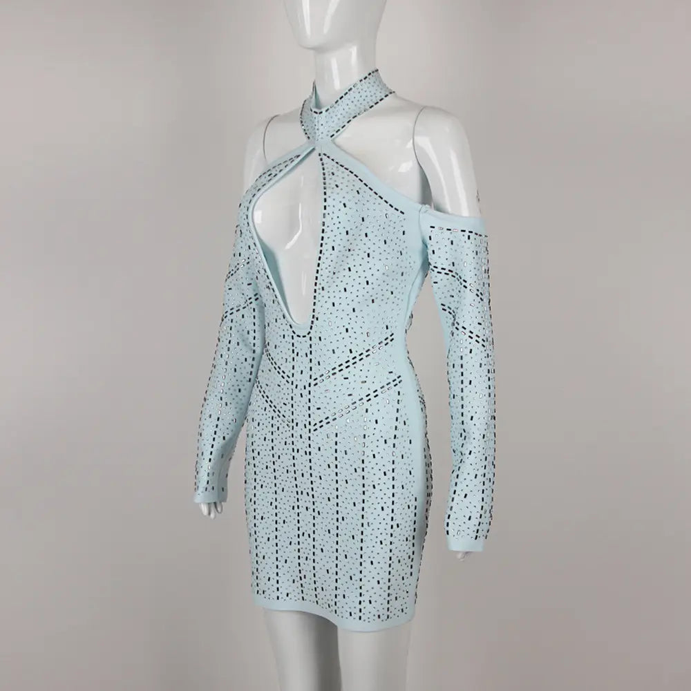 Wholesale Women's Rhinestone Sexy Hollow Long Sleeve Mini Dress Luxury Evening Bandage Short Party Dress