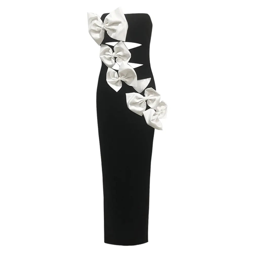 Custom women's dress manufacturer black long bodycon dress high bow evening gown