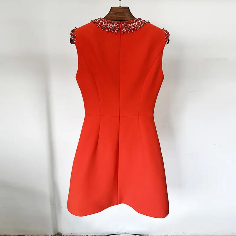 2025 Summer New Short Party Dress Fashion Beaded Rhinestone Red Front Women Elegant Formal Vest Mini Party Dress