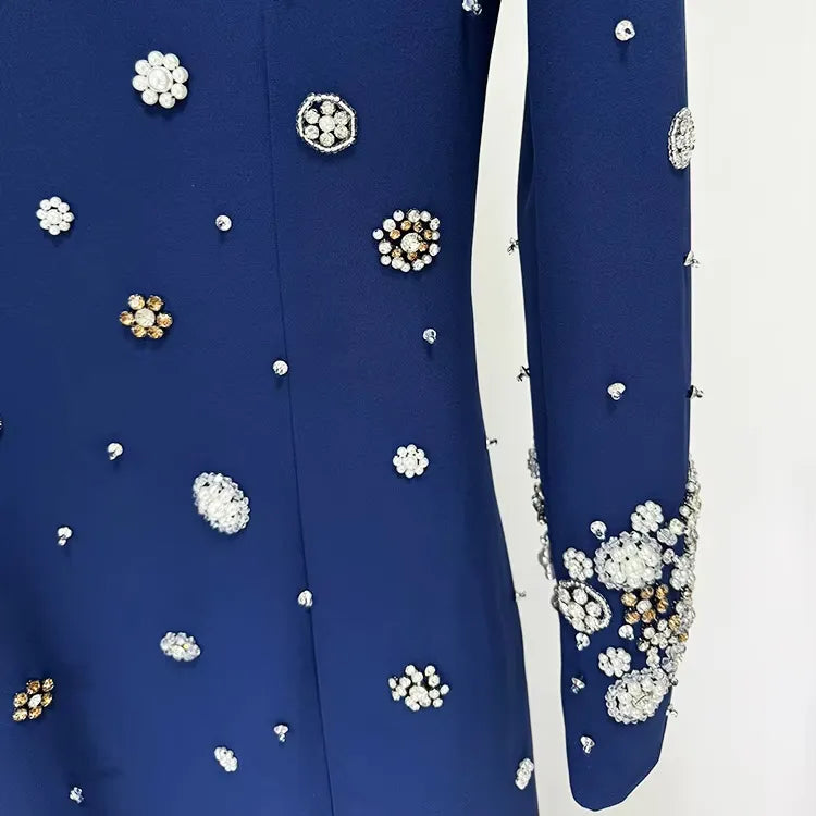Luxury vestibule festa rhinestone pearl beaded maxi dress evening gown elegant dark blue women's maxi dress