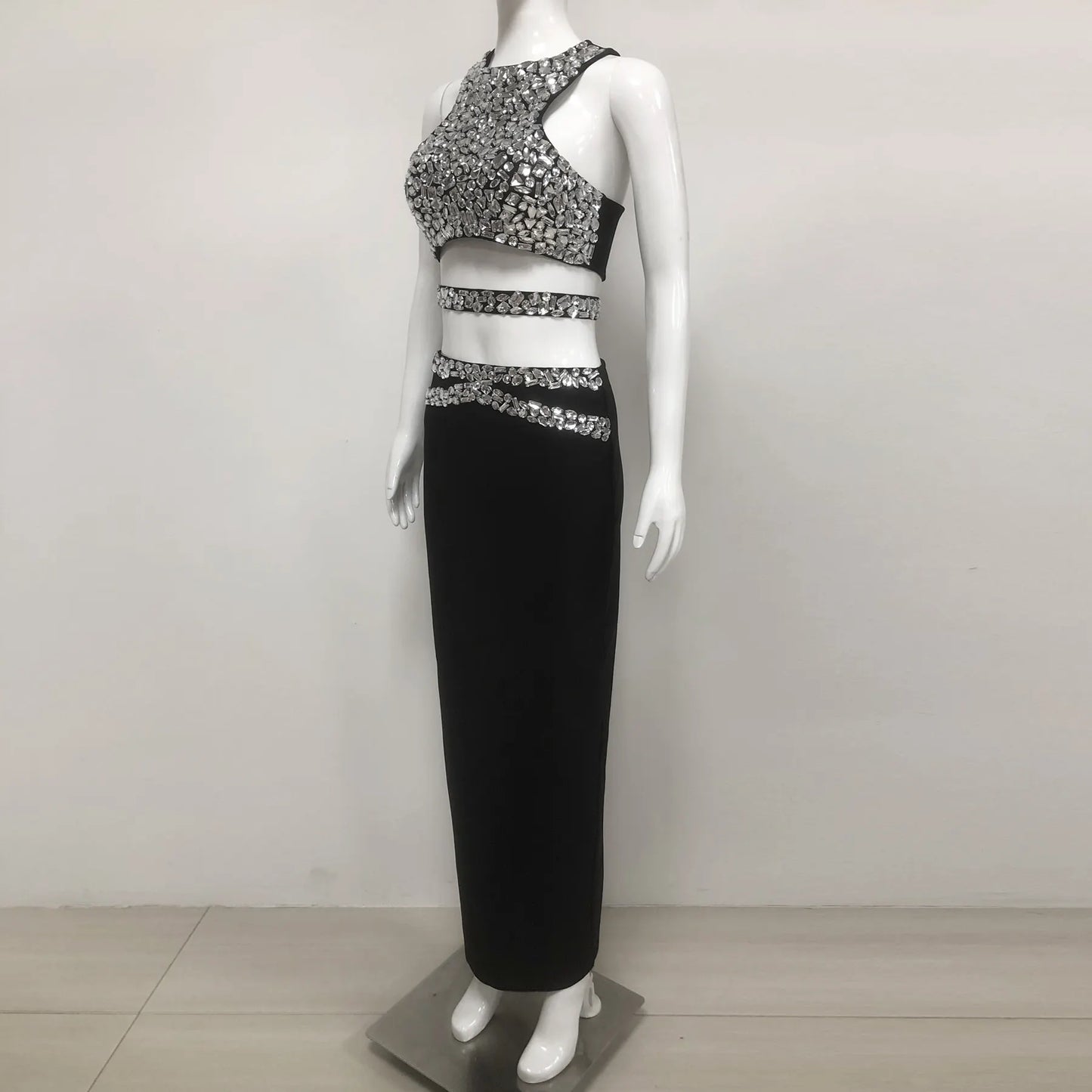 Popular products 2025 new arrival women's party wear rhinestone skirt suit short top long skirt 2 piece suit women's summer suit