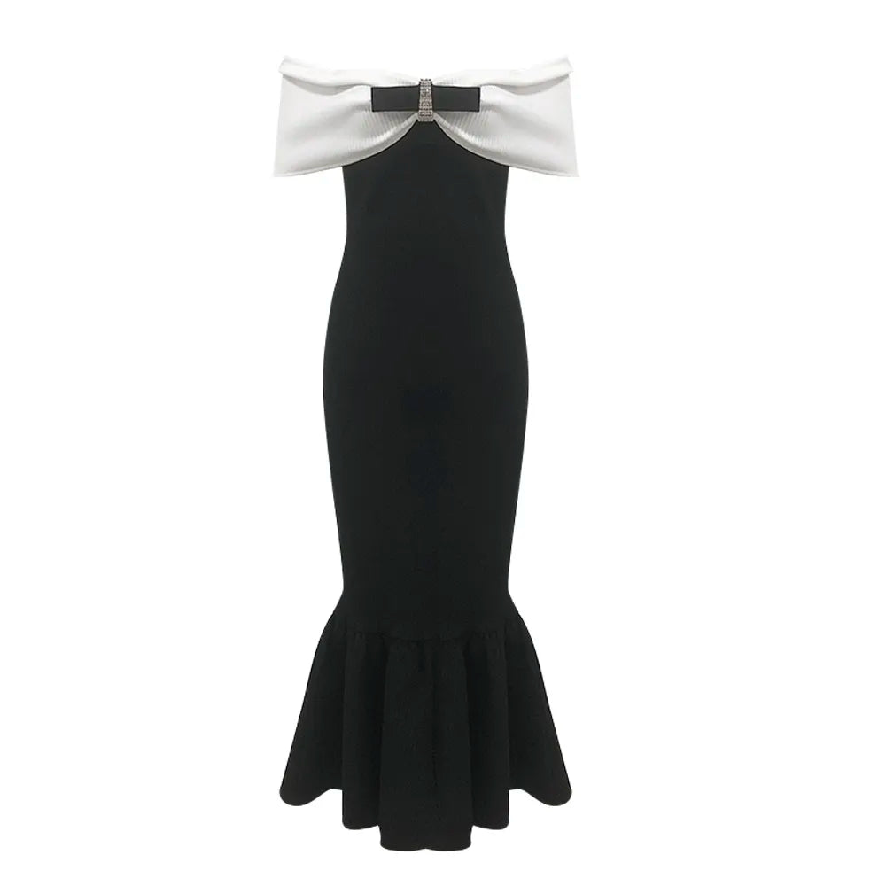Wholesale Elegant Women Off Shoulder Black Evening Dress Female Mermaid White Bow Long Dress