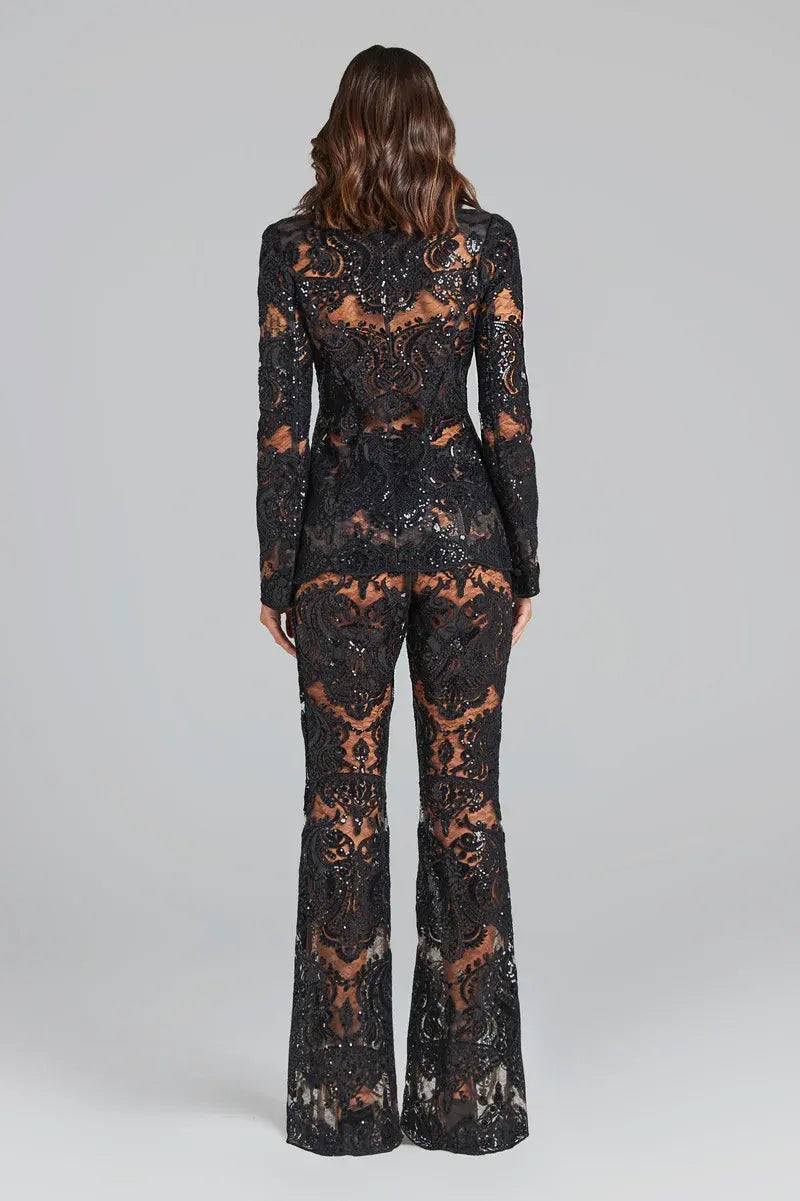Sexy ladies suits office wear formal sequin lace translucent ladies elegant tuxedo suit two piece suit