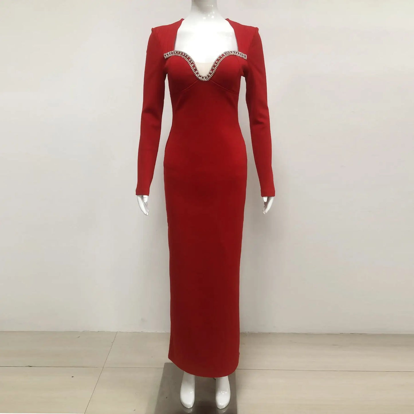 Custom made luxury women evening gown elegant long sleeve diamond beaded party bandage dress red evening gown dress