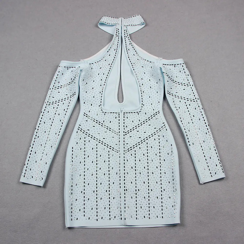Wholesale Women's Rhinestone Sexy Hollow Long Sleeve Mini Dress Luxury Evening Bandage Short Party Dress
