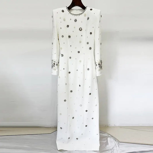 High Quality Womens Luxury Beaded Birthday Dress Womens Elegant Dress Long Sleeve White Evening Dress