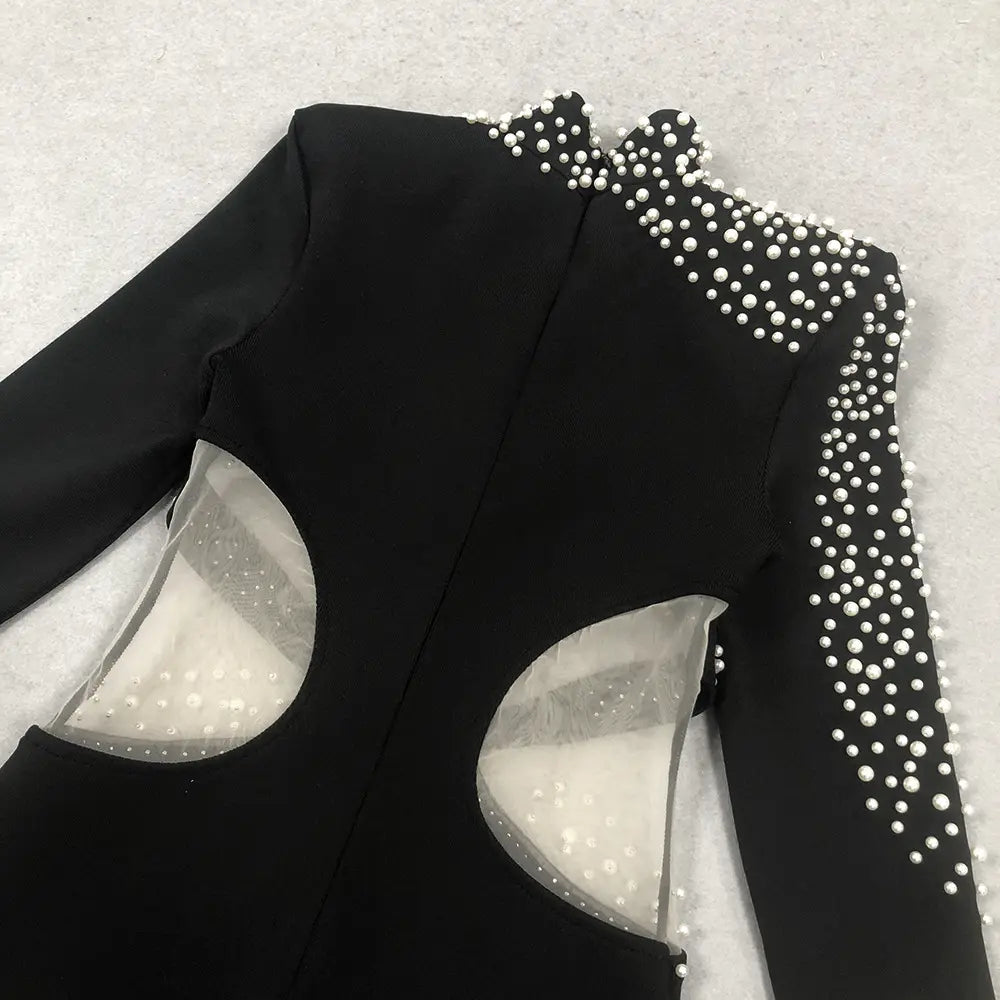 Luxury women designer bandage dress designer women party black dress elegant pearl evening dress