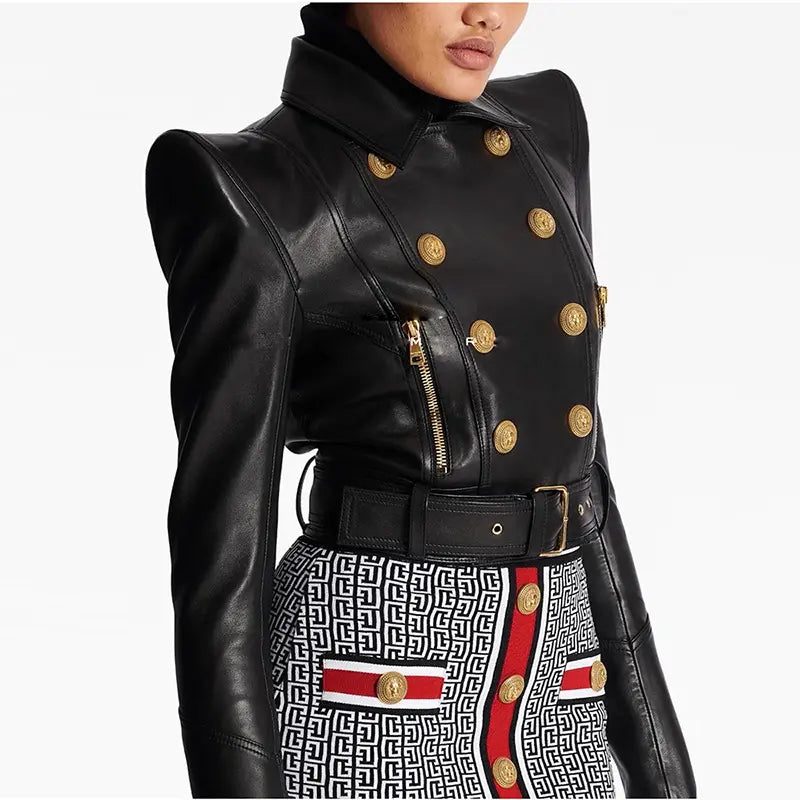 2025 Spring New Fashion Women's Black Suit Jacket Double Breasted Short High Quality Women's Leather Jacket