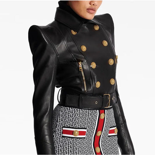 2025 Spring New Fashion Women's Black Suit Jacket Double Breasted Short High Quality Women's Leather Jacket