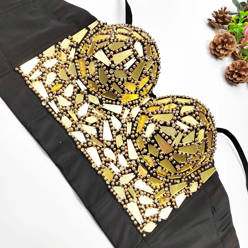 Glitter Gold Sequin Crop Top Party Nightclub Sparkling Beaded Corset Women 2025