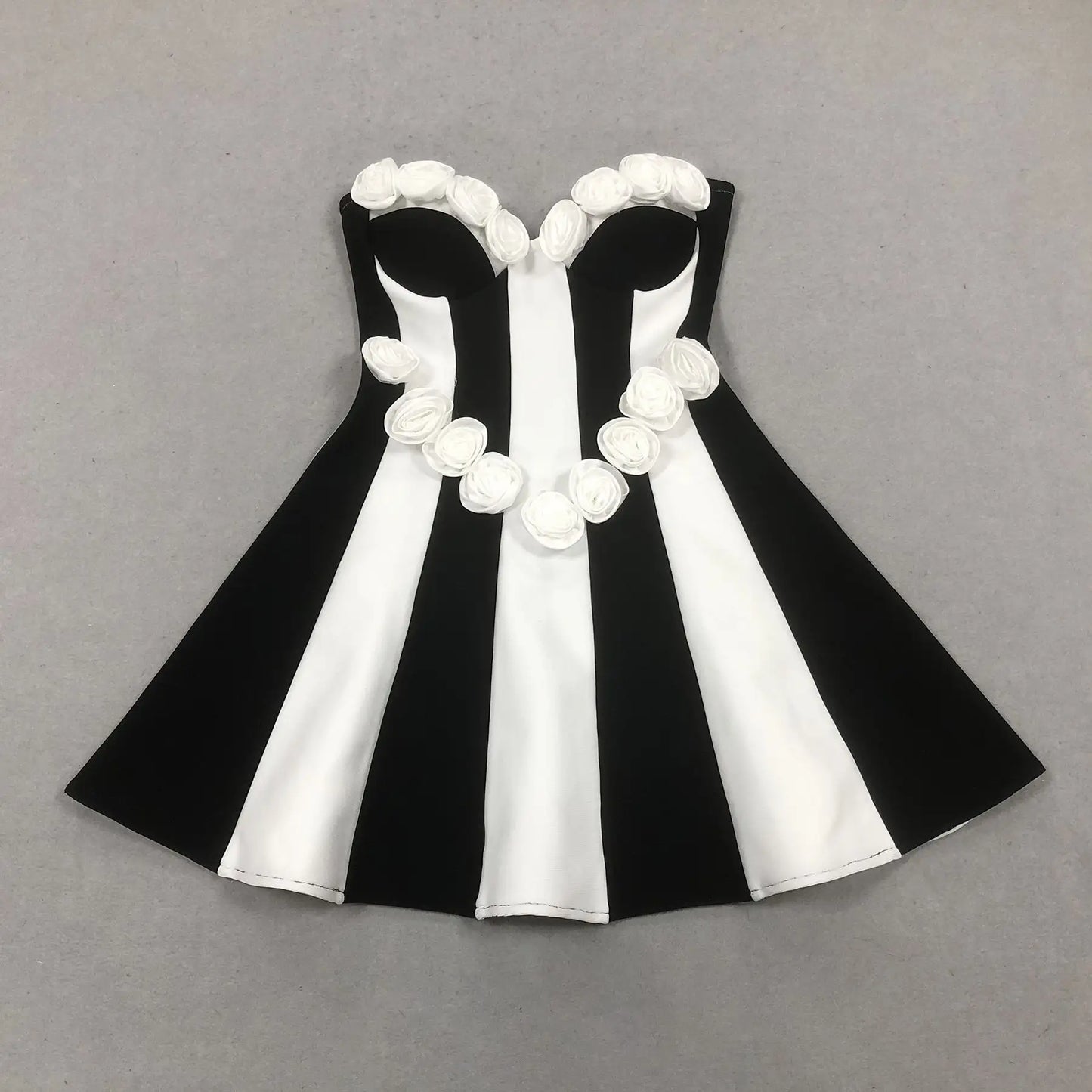 Custom Bandage Dress Manufacturer Sexy Elegant Mini Front Stripe Elegant 3D Flowers Black and White Striped Ladies Club Dress
