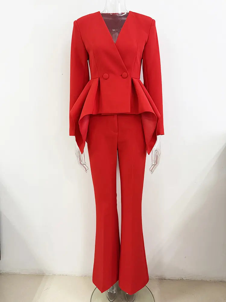 2025 designer inspiration clothing suits women trouser suits red ruffle jacket flared pants suits women suits