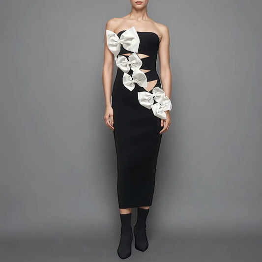 Custom women's dress manufacturer black long bodycon dress high bow evening gown