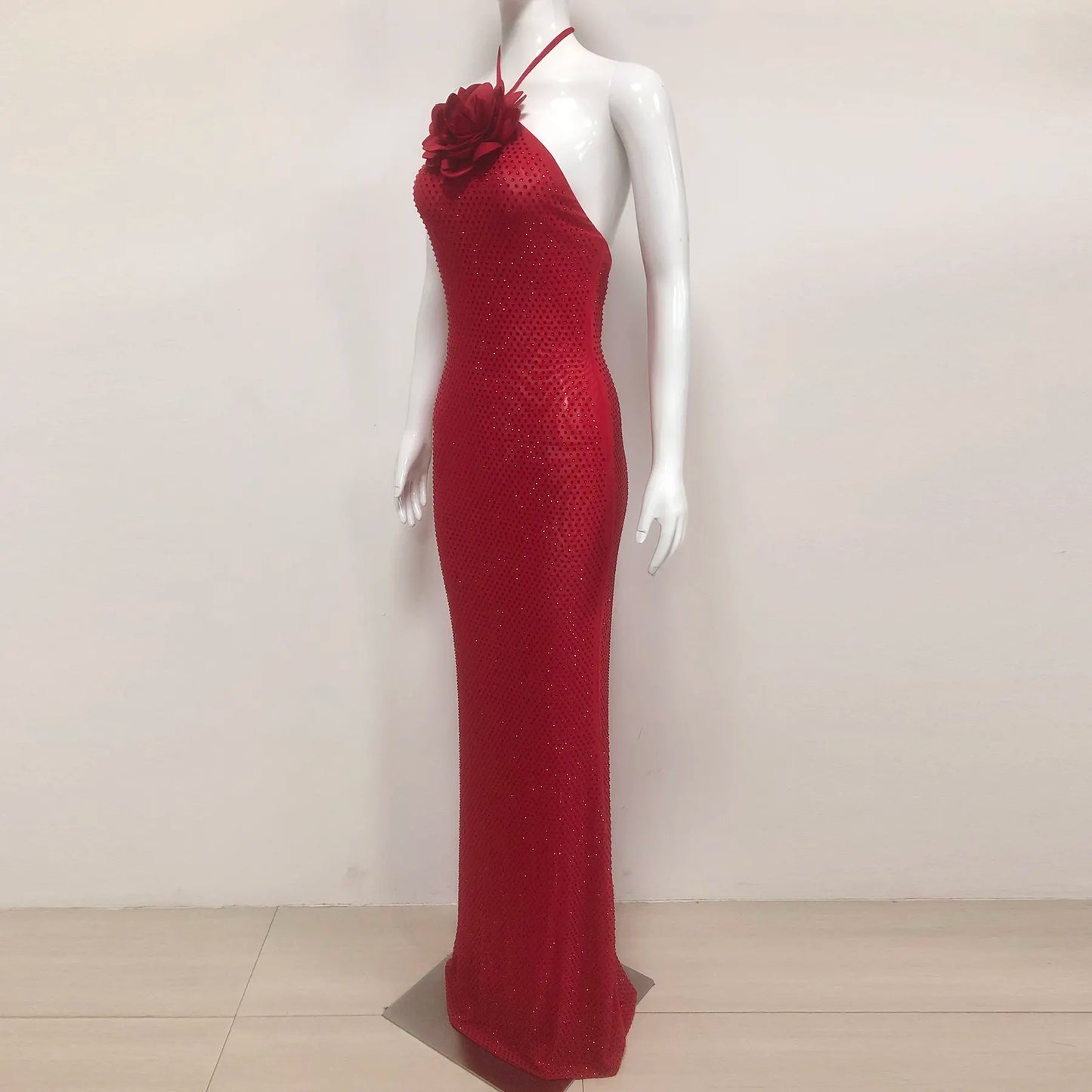 Luxury custom women's summer diamond glitter ball gown red flower women's party elegant diamond evening dress