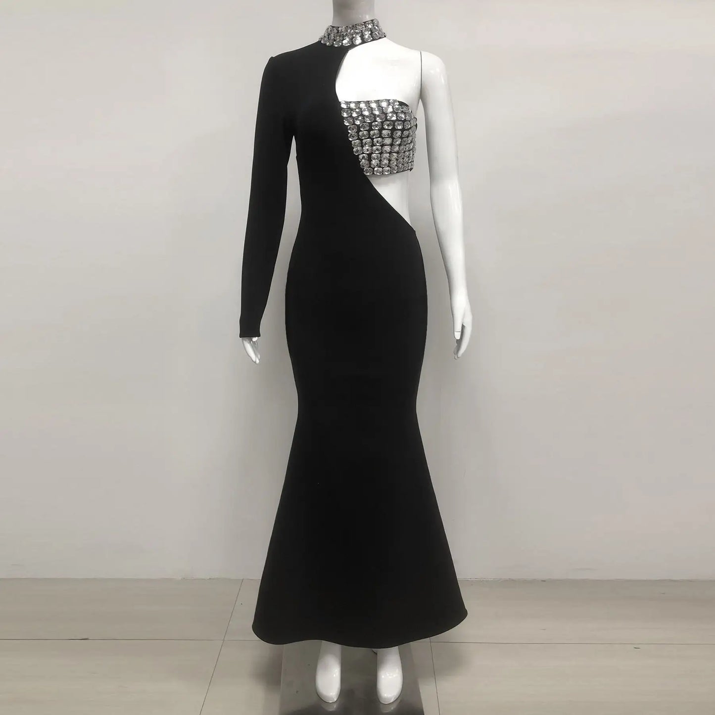 Luxury Long Black Bandage Bodycon Dress One Shoulder Elegant Gown Rhinestone Mermaid Gown Prom Evening Dress