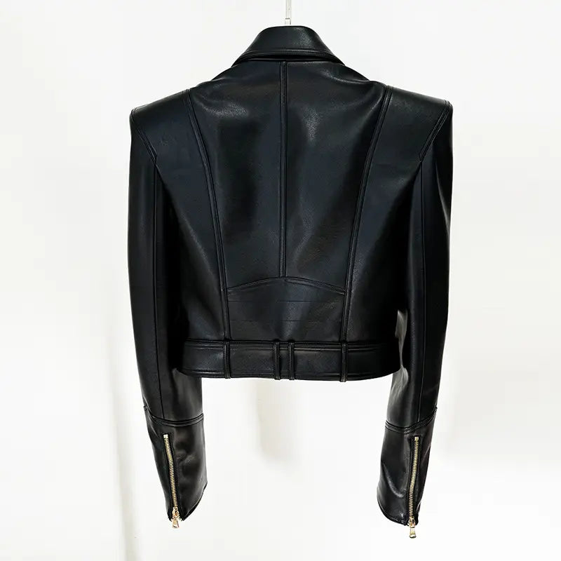 2025 Spring New Fashion Women's Black Suit Jacket Double Breasted Short High Quality Women's Leather Jacket