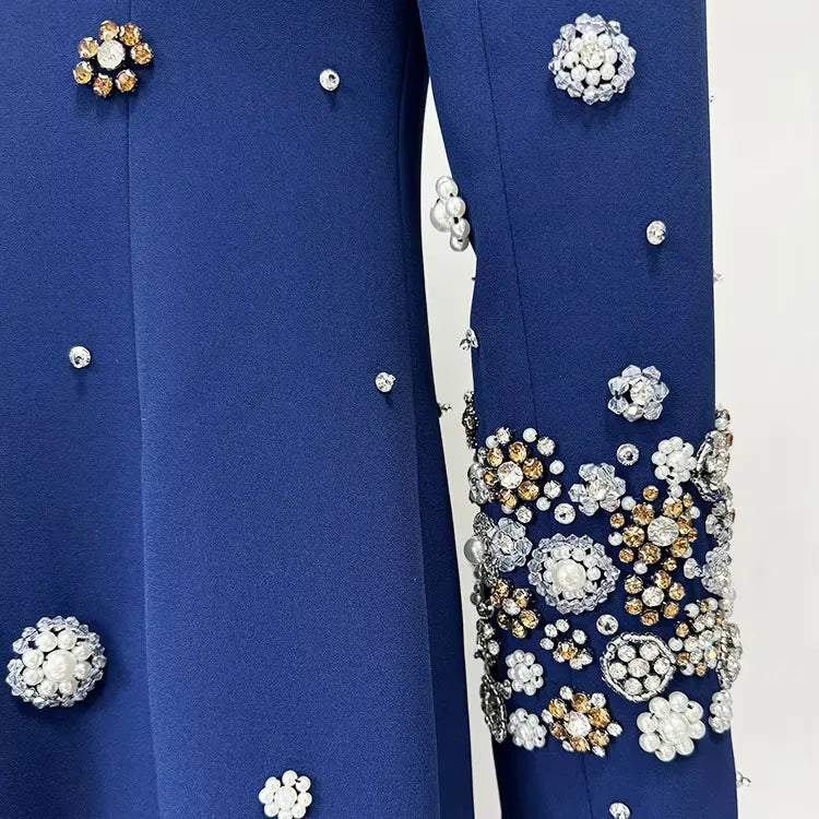 Luxury vestibule festa rhinestone pearl beaded maxi dress evening gown elegant dark blue women's maxi dress