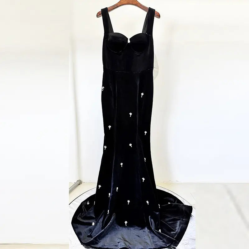 High quality women's elegant mermaid dress spaghetti strap beaded maxi dress women's velvet dress ladies evening dress