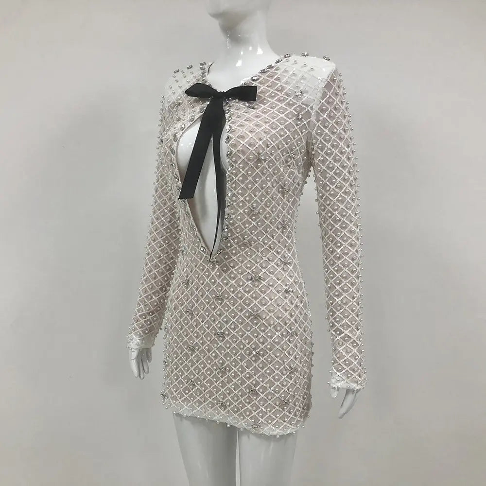 High End Clothing Manufacturer White Grid Pattern Womens Party Wear Long Sleeve Mini Dress with Rhinestone Black Bow