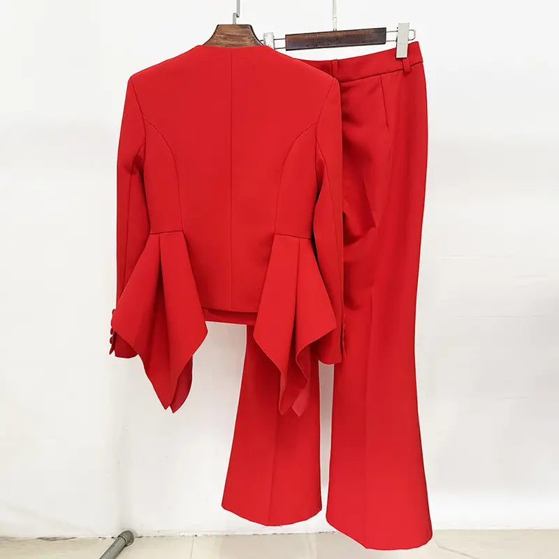 2025 designer inspiration clothing suits women trouser suits red ruffle jacket flared pants suits women suits