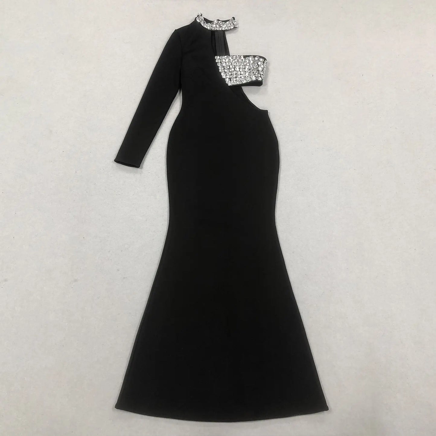 Luxury Long Black Bandage Bodycon Dress One Shoulder Elegant Gown Rhinestone Mermaid Gown Prom Evening Dress