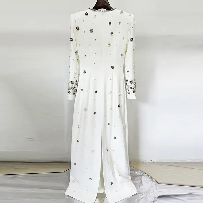 High Quality Womens Luxury Beaded Birthday Dress Womens Elegant Dress Long Sleeve White Evening Dress