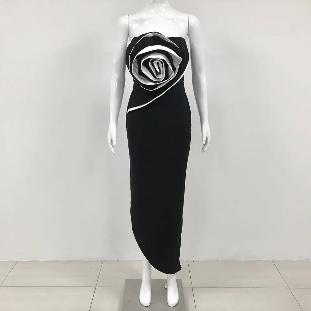 Custom Elegant Womenswear Ladies Black Long Bodycon Floral Bandage Evening Dress 3d Flower Party Club Dress