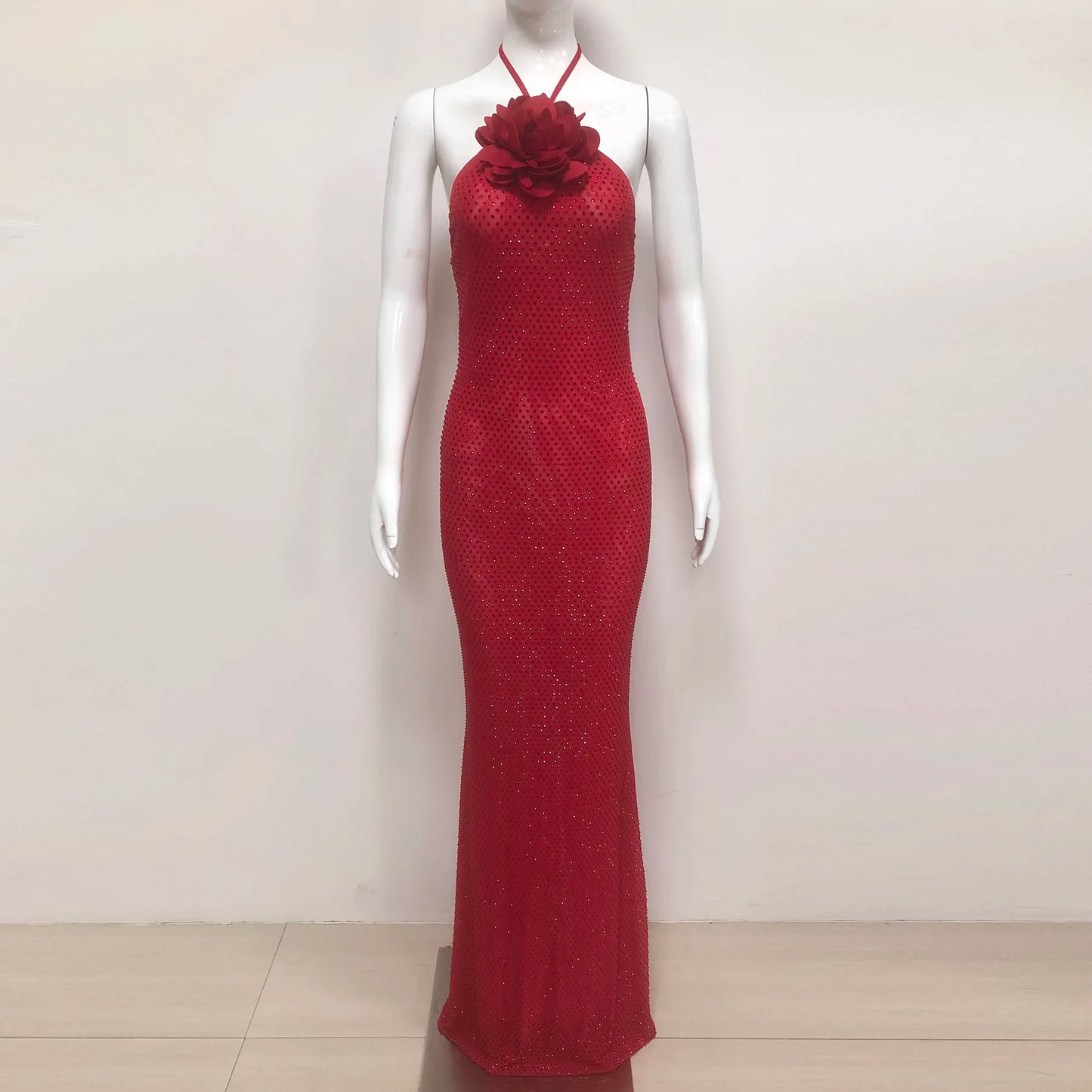 Luxury custom women's summer diamond glitter ball gown red flower women's party elegant diamond evening dress