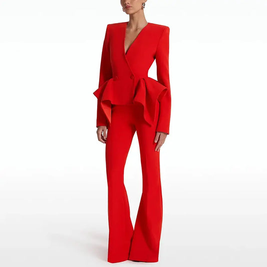 2025 designer inspiration clothing suits women trouser suits red ruffle jacket flared pants suits women suits