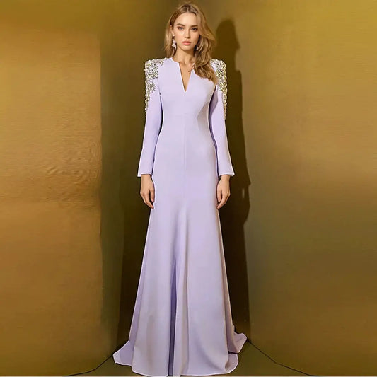 2025 Luxury Beaded Diamond Women's V Neck Maxi Party Dress Elegant Purple Long Gown Women's Modest Evening Dress