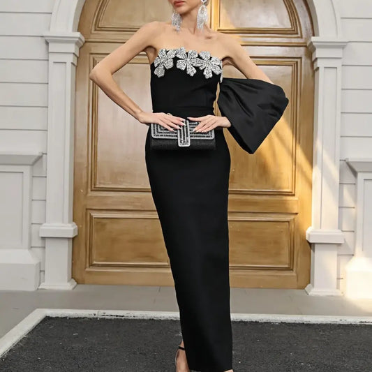 High Quality Women's Clothing Manufacturer Sleeveless Black Bandage Evening Dress Summer Sexy Club Wear Crystal Floral