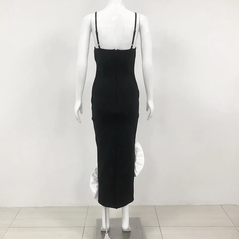 Custom high quality summer fashion elegant nightgown stylish women black deep v neck spaghetti strap 3d flower bandage dress
