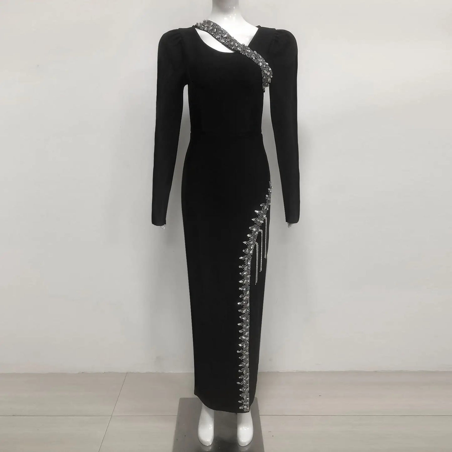 Luxury women's bodycon nightgown maxi formal bandage dress elegant long women's party evening gown dress with rhinestones and tassels