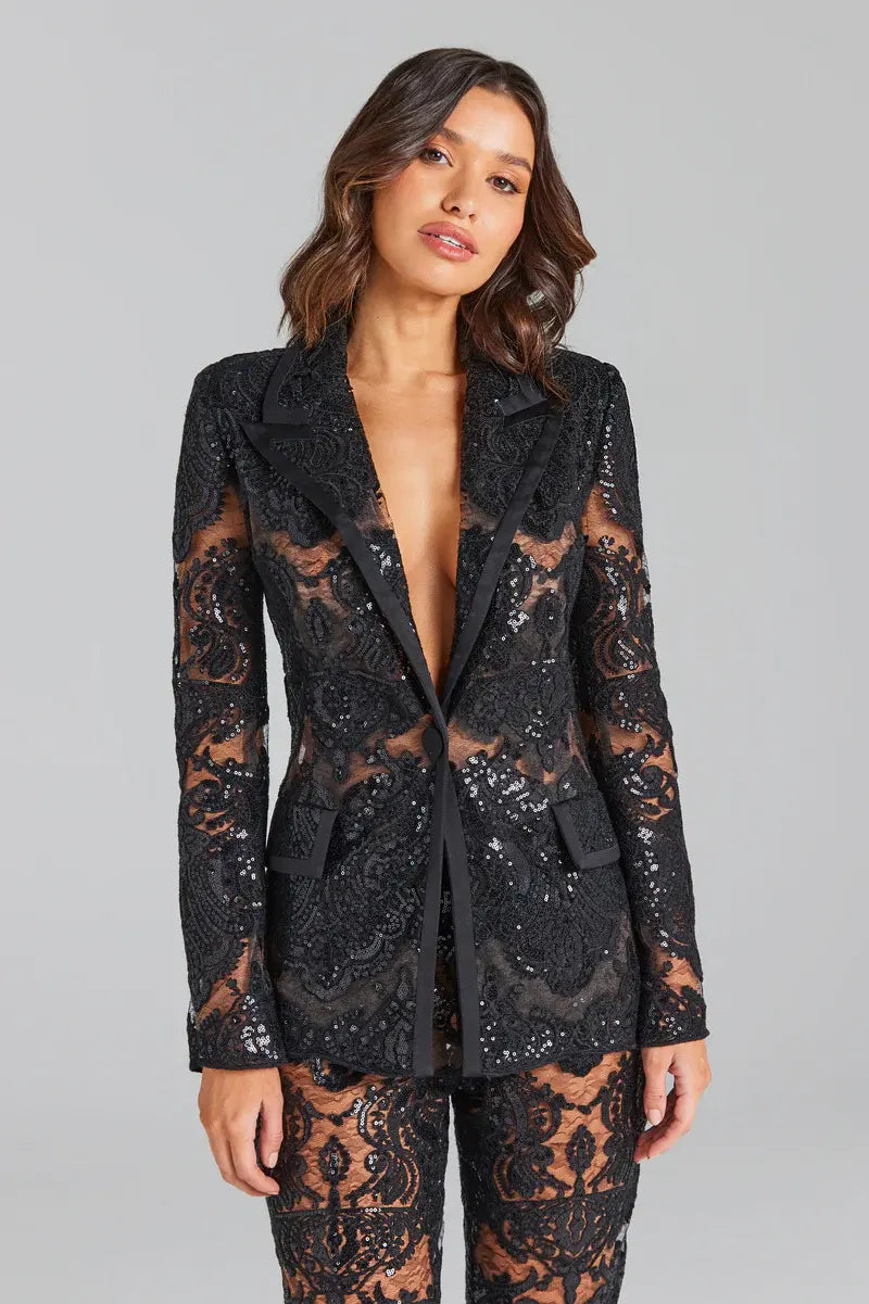 Sexy ladies suits office wear formal sequin lace translucent ladies elegant tuxedo suit two piece suit