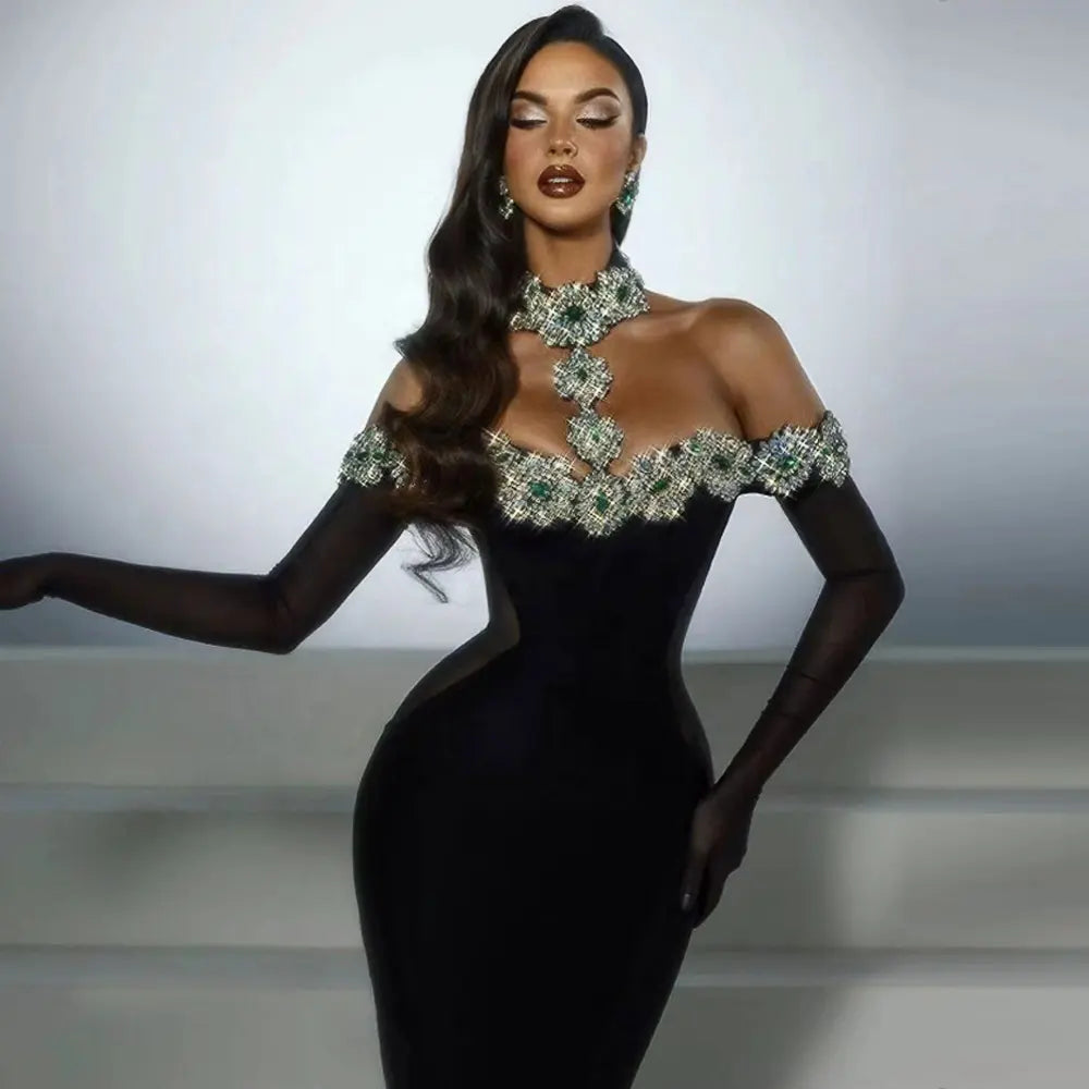 2024 New Trend Evening Dresses Women Party Wear Elegant High Form Rhinestone Bandage Dress With Gloves