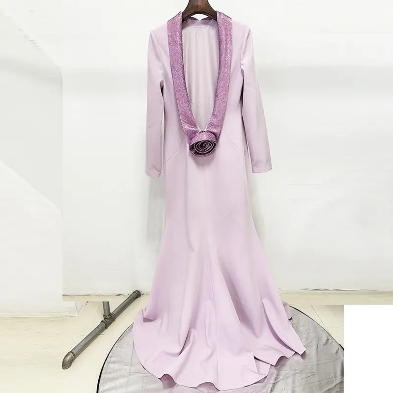 New Women's Autumn Bridesmaid Dresses Light Purple Long Party Dress Backless Diamond 3D Flowers Elegant Female Evening Dress