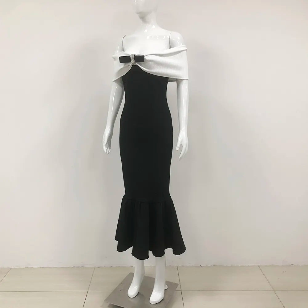 Wholesale Elegant Women Off Shoulder Black Evening Dress Female Mermaid White Bow Long Dress