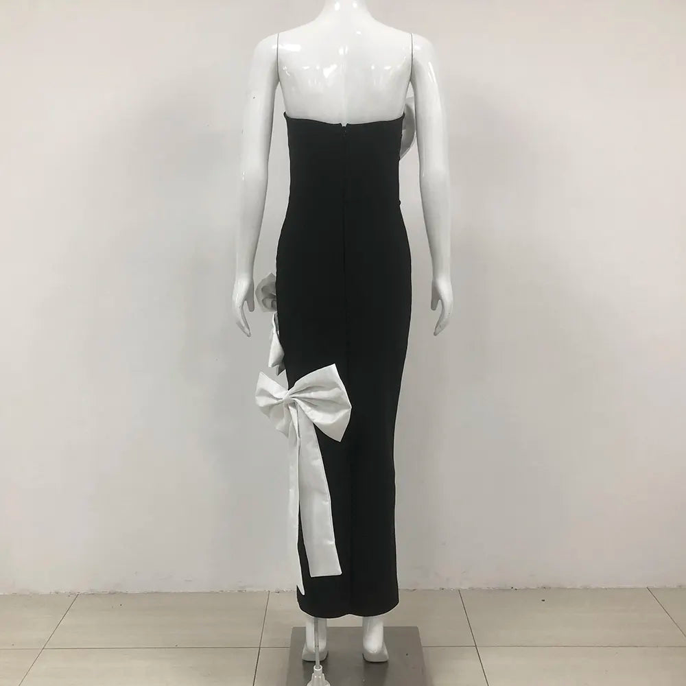 Custom women's dress manufacturer black long bodycon dress high bow evening gown