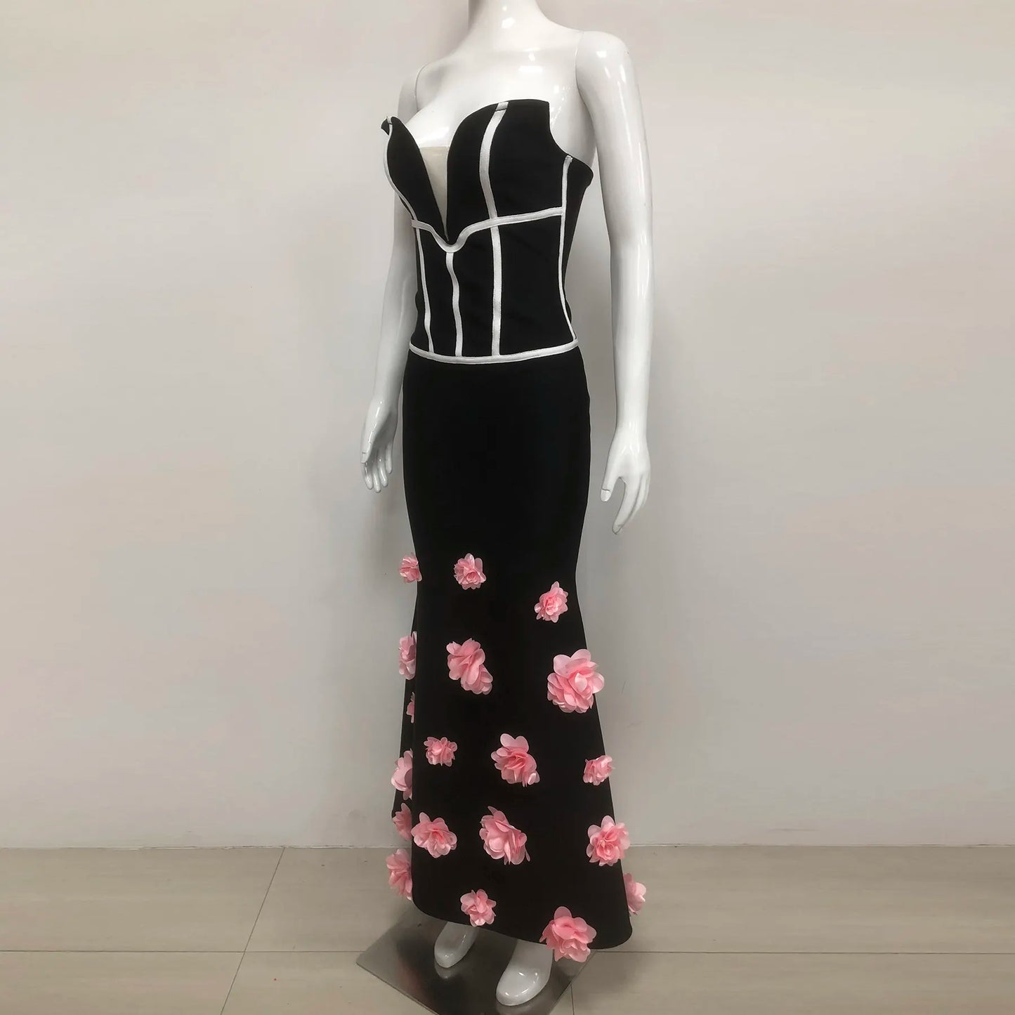 Luxury women's black dress party wear elegant high formal mermaid dress 3D pink flowers long dress evening gown