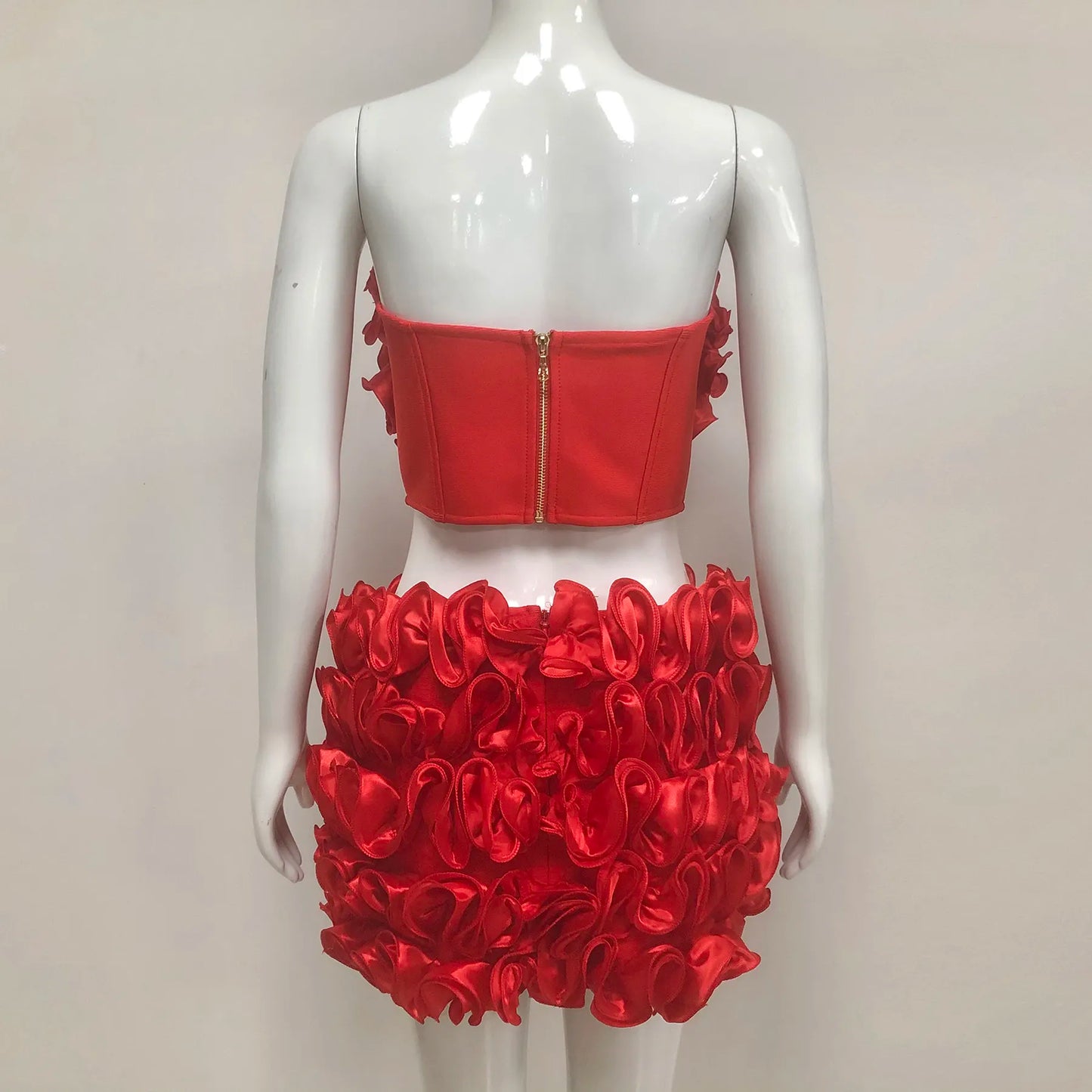 2025 Luxury Brand Women's 2 Piece Set Summer Club Suit Red Heart Top Mini Skirt Two Piece Set 3D Flowers