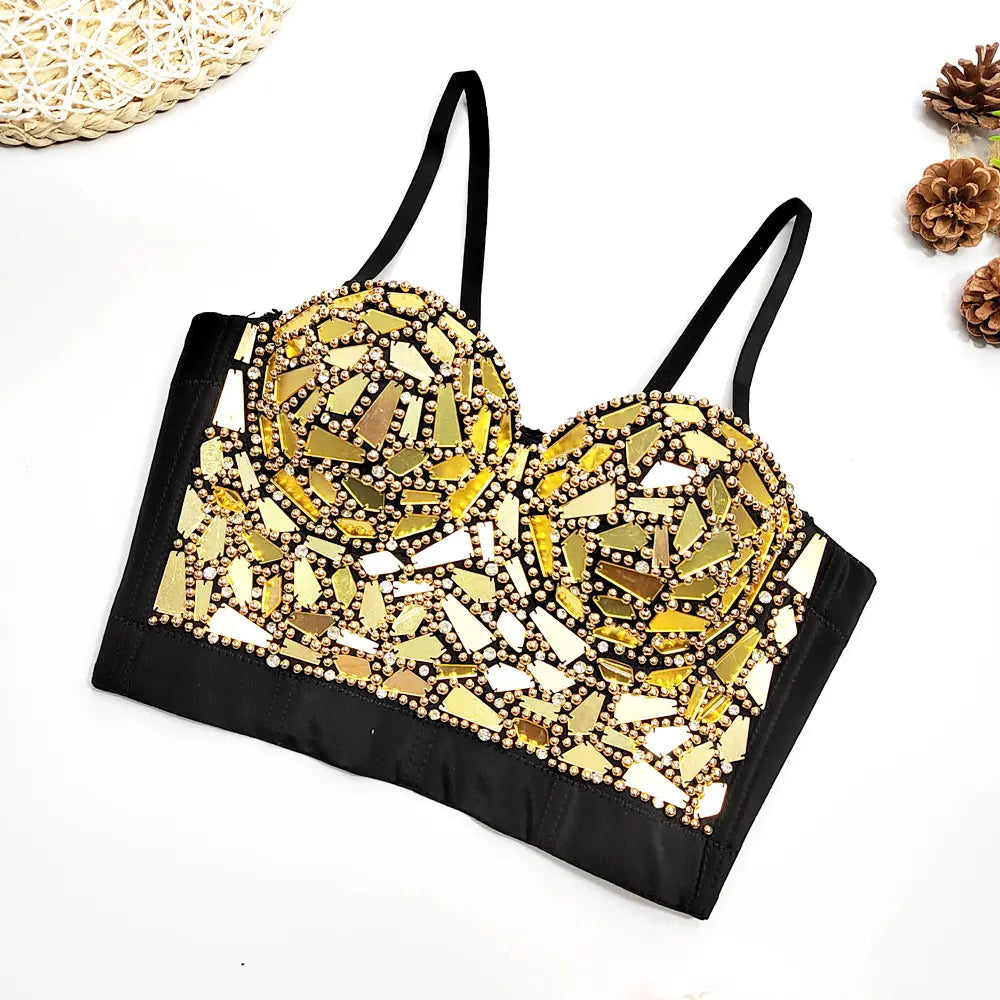 Glitter Gold Sequin Crop Top Party Nightclub Sparkling Beaded Corset Women 2025