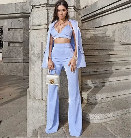 Custom-made factory-made fashion brand clothing single-button sports jacket vest bra bell-bottom pants sky blue three-piece women's suit