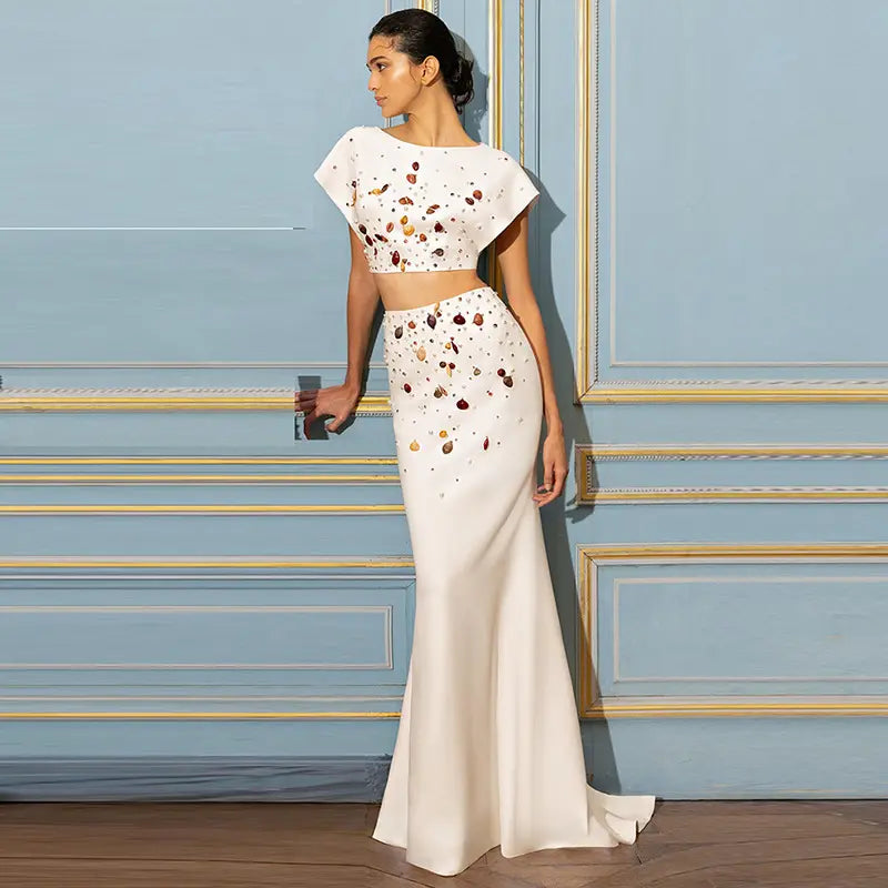 Spring suits women 2025 designer clothing heavy craft shell beads rhinestones cropped top fishtail skirt suits women formal